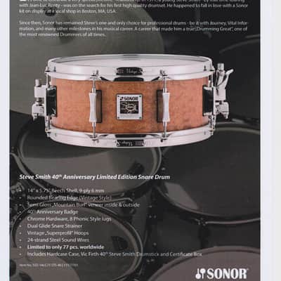Sonor 5x14" SSD 10 1405 SDW 2, Steve Smith Signature, 40th Anniversary Snare Drum, with Case. #1 of 77!! image 2