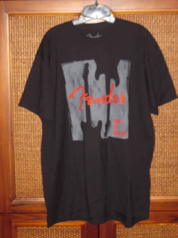 new (no tags) A+ genuine Fender Built to Inspire short sleeve T-Shirt, Black, size XL (X-Large), 100% Cotton, part # (p/n): 9112000606, Black Shirt with Gray, Red, & Black GRAPHIC image 1