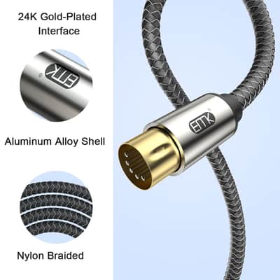 5-Pin MIDI Cable (2 PCS, 4Ft/1.2M) - Nylon Braided Durable MIDI to MIDI Cord for Keyboard, Synthesizer, Guitar Pedal, Sampler, Audio Interface, Mixer - Gold-Plated Connectors image 3
