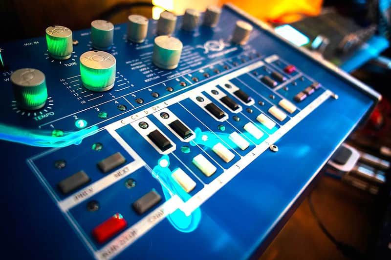 Custom x0xb0x by Andy Pledger. Blue metal with green LEDs. TB-303 style analog synthesizer sequencer image 1