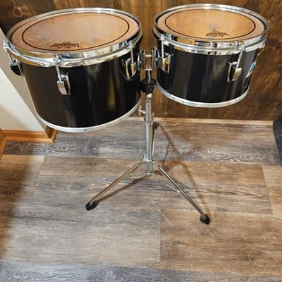 Vintage Late 1970s Ludwig Black Cortex Concert Toms 6.5x10 & 8x12 w/ Ludwig Double Tom Stand Blue & Olive Badges image 2