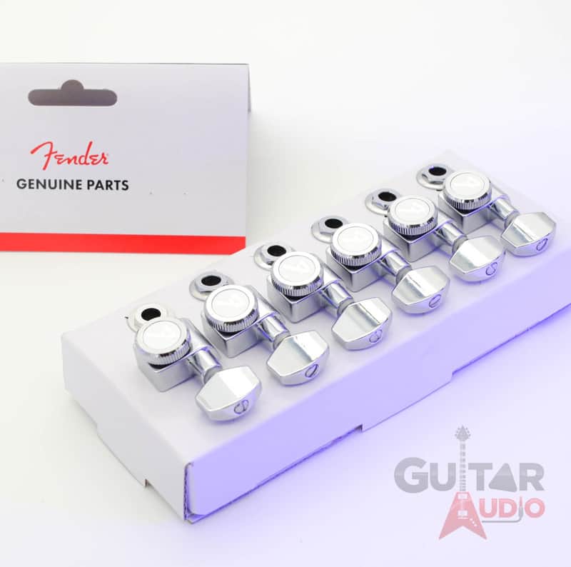 Genuine Fender CHROME LOCKING Tuners 6-InLine 2-pin Strat/Tele F Logo Machines image 1