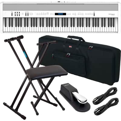 Roland FP-60X Portable Digital Piano (White), Keyboard Stand, Bench, Sustain Pedal, Gator GKB88, (2) 1/4 Cables Bundle