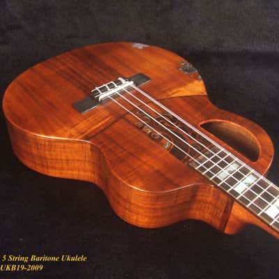Handcrafted 5 String Baritone Ukulele, Curly Hawaiian Koa, Maple Leaf Inlay, Soft-bag, Bruce Wei UKB19-2009 image 3