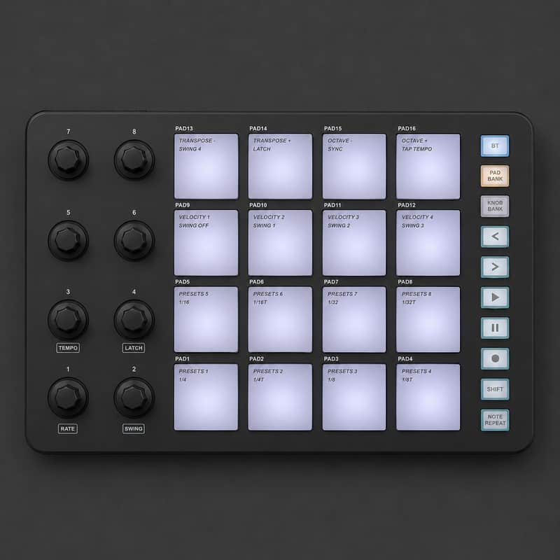 Immagine M-VAVE SMC-PAD Wireless MIDI Controller – 16 RGB Pads, 8 Knobs, USB-C & Bluetooth Drum Pad - 1