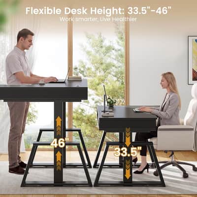 59" L-Shaped Electric Standing Producer Desk – Black Studio Workstation with Drawers, Power Outlets & Monitor Stand image 2