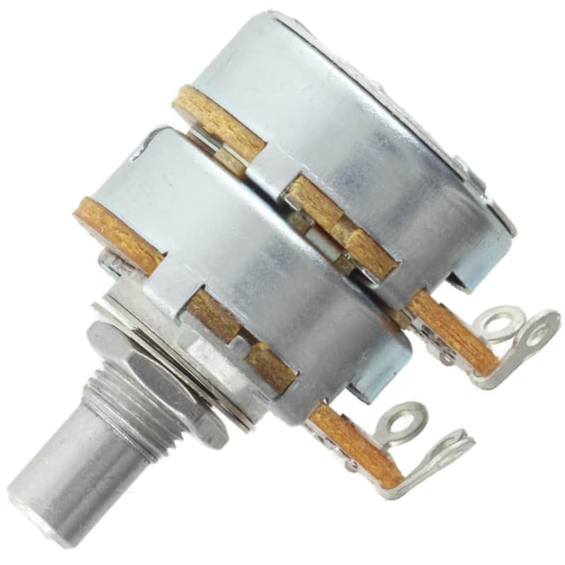 Alpha Taiwan Dual 24mm Body 3/8" Bushing Potentiometer with Solder Lugs, 250K Log/Audio image 1