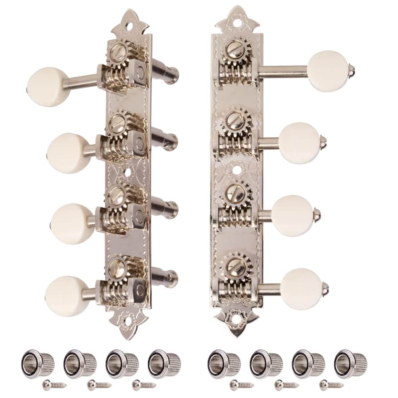 Golden Age F-style Mandolin Tuners, Bright Nickel with Black Knobs | Vintage 1920s Design | 15:1 Gear Ratio image 1