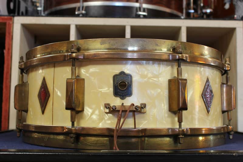 1930s Leedy 5x14 Broadway Snare Drum in White Marine Pearl Full Dress image 1