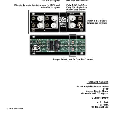 Synthrotek 1U Stereo Output Mixer PCB and Panel Combo image 3