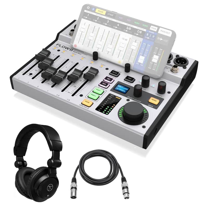 Behringer FLOW 8 8-Input Digital USB Audio Mixer, Bundle with Turnstile Audio TAPH100 Headphones and Cable image 1