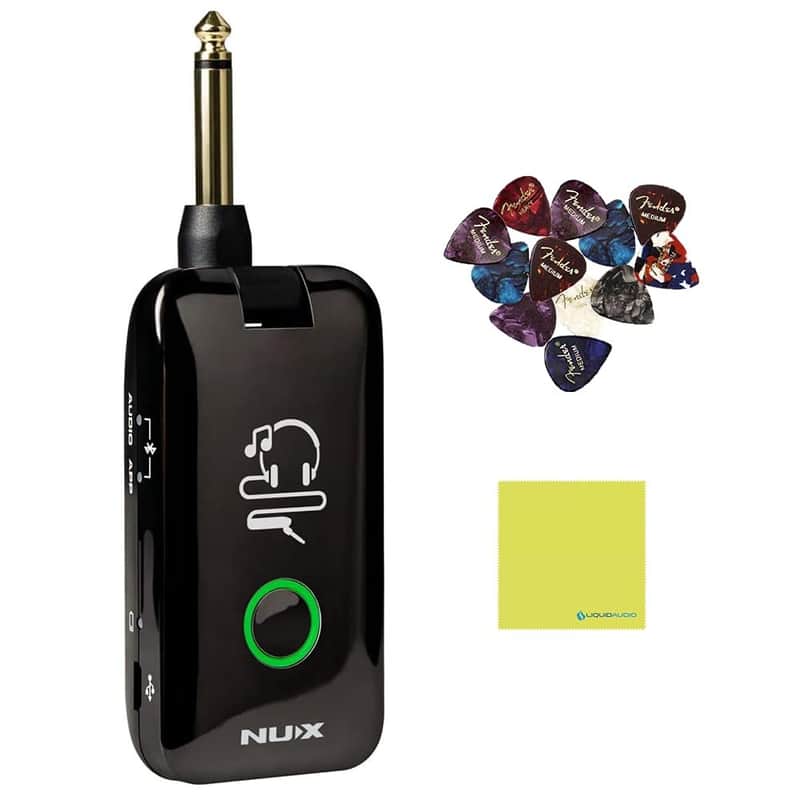 Mint NUX Mighty Plug MP-2 Guitar and Bass Modeling Headphone Amplug Bundle with 12X Guitar Picks and Instrument Polishing Cloth - Bluetooth,13 Amplifier Models,20 IR,19 Variety of Effects image 1