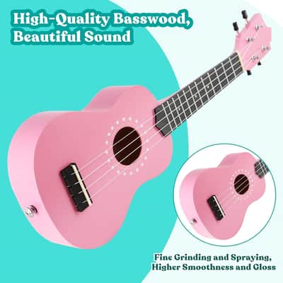Soprano Ukulele for Beginner Kids with Gig Bag 21 Inch Uke for Starter Hawaiian Soprano Ukelele Polishing Adults Basswood 21 Inch uke bundle with Strap Picks Songbook Cleaning Cloth (Pink) image 3