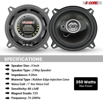 5Core Coaxial Car Door Speakers 5” Pair 350W 4Ohm 2 Way Component Subwoofer Audio w Super Tweeter image 7
