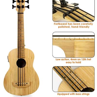 AKLOT Acoustic-Electric Bass Ukulele bamboo with soft case, humidifier, strap and tuning key image 5