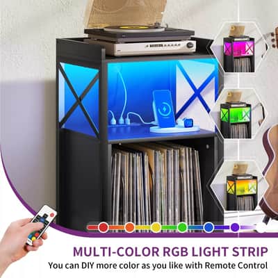 Record Player Stand w/ LED Lights & Charging Station – Holds 120 Vinyl Albums | Turntable Storage Cabinet image 4