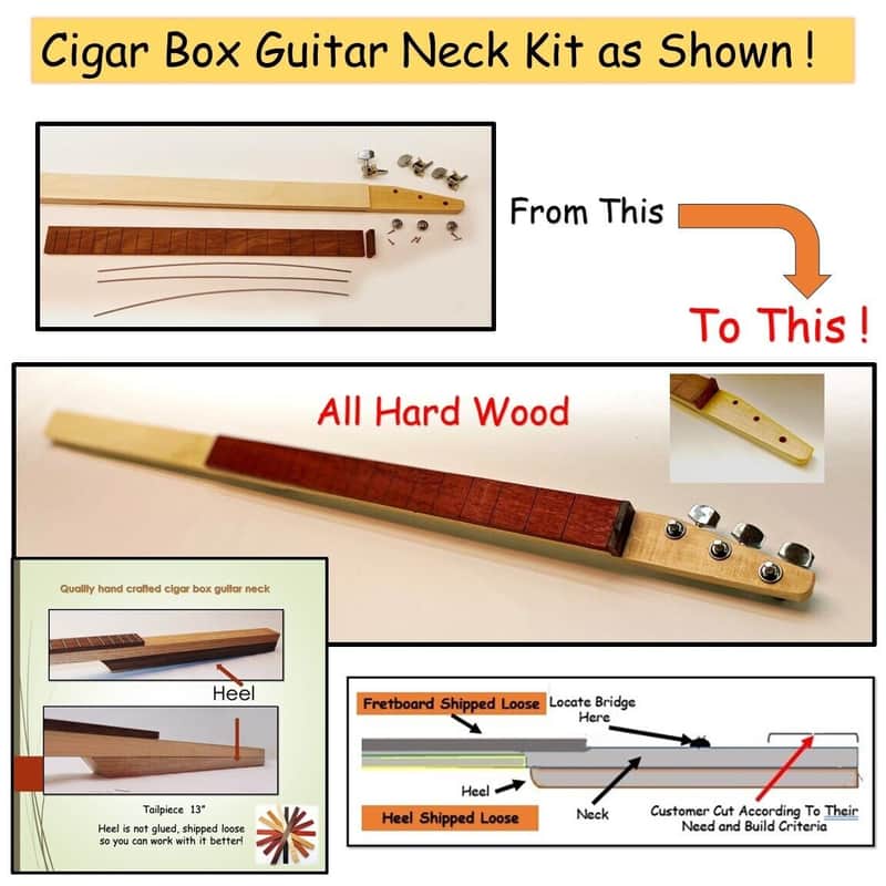 Cigar Box Guitar Neck Kit, 3 String - All Hard Wood, Catoctin Mountain Music image 1