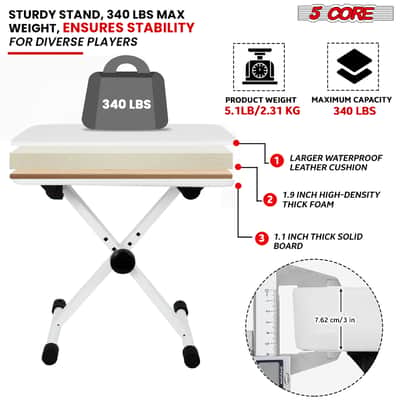 5 Core Keyboard Bench 3 Inch Padded Piano Stool Adjustable 20.5" Guitar Seat Heavy Duty Portable image 4