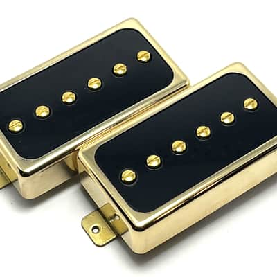 Dragonfire H90s ~ Humbucker Sized / Cased P-90 Pickup Set, Bridge + Neck ~ Gold Ring w/ Black Inlay image 2