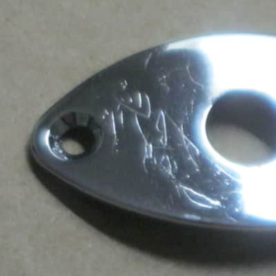 used (lightly relic'd) Gotoh JCB-2 Oval-shaped 2 screws Chrome metal  jack plate - also called JCB-2 Football Shaped 2 screw Chrom jack plate) Chrome plated brass (screws included) from 2010s image 2