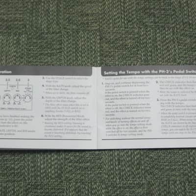 used (less than lite average wear) genuine Boss Owner's Manual for PH-3 Phase Shifter (NO: pedal / other items) 2000s (copyright year 2002) white matte paper / black print & graphic [5 inches across (unopened), 3 & 1/2 inches high] 32 pages cover to cover image 15