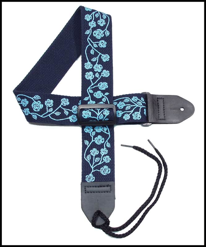 Girls Guitar Strap 2" Cotton Guitar Strap with Maya Blue Roses on a Navy Strap image 1