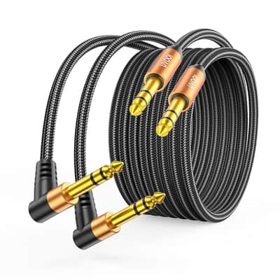 1/4 Inch TRS Cable 10FT 2-Pack, Banlance Instrument Guitar Cable, 6.35mm Straight-to-Right Angle Male Stereo Audio Cord, Compatible with Audio Mixer/Amp/Yamaha/Keyboard/KRK/JBL Speaker/Boss Katana
