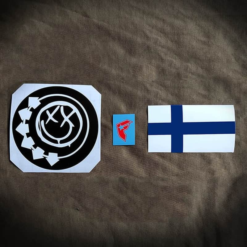 Pink bass guitar stickers Smiley,Famous star,Finland Flag. | Reverb