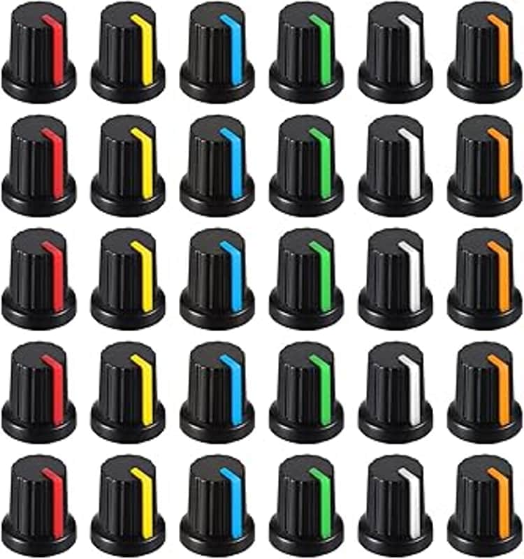 30 Pcs 6mm Knurled Shaft Potentiometer Knob, 6 Colors Potentiometer Control Knobs, Plastic Guitar Volume Tone Rotary Knob for Electric Guitar Volume Tone Knobs, Amplifier amp Volume Control image 1