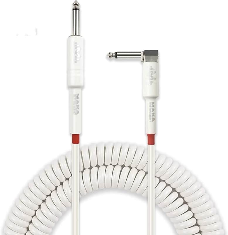 Premium Guitar Coil Cable 20 Feet, Instrument Coiled Curly Cord for Guitar Bass, 1/4 inch Right Angle to Straight, White image 1