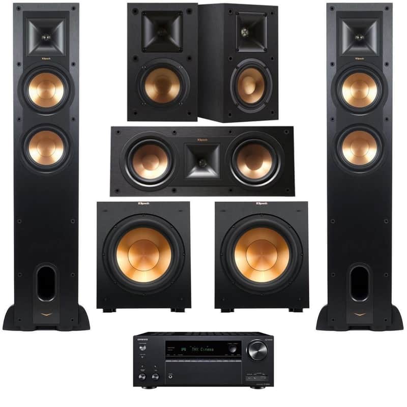 Klipsch Reference 5.1 Home Theater System, Bundle with 2X R-26FA Floorstanding Speaker, 2X R-41M Bookshelf Speaker, R-25C Center Channel Speaker, R-12SW Subwoofer, Onkyo TX-NR696 7.2 Receiver image 1