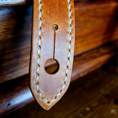 Hand Made, Hand Stitched Guitar strap "Rockatansky" in Burnt Tan & Cream - Vegetable Tanned Leather image 4