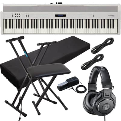 Roland FP-60 Piano (White) - DP-10 Pedal (Included), Keyboard Stand, Bench, AT ATH-M30X, Dust Cover, (2) 1/4 Cables Bundle