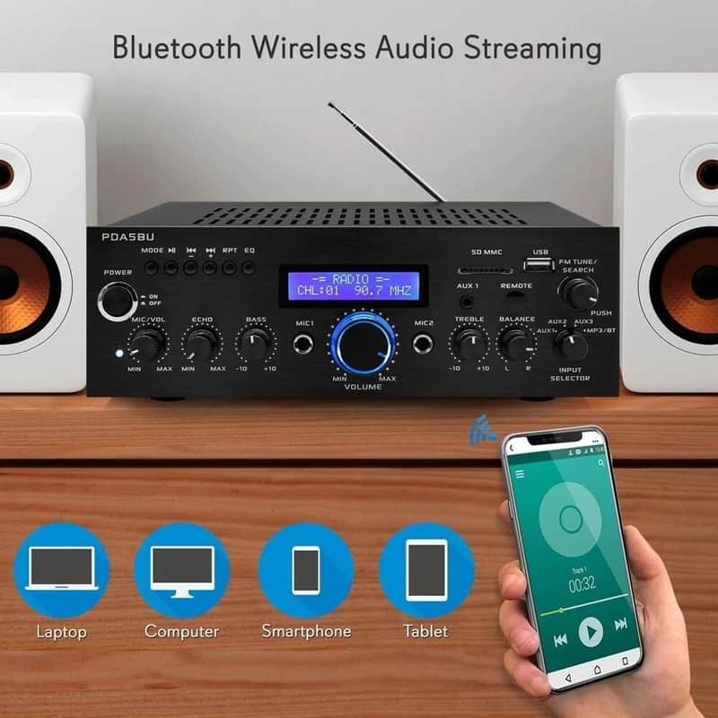Compact Bluetooth Stereo Amplifier – 200W Home Desktop Receiver System with FM Radio, USB/SD Readers, Multi-Channel Inputs, Remote Control image 1