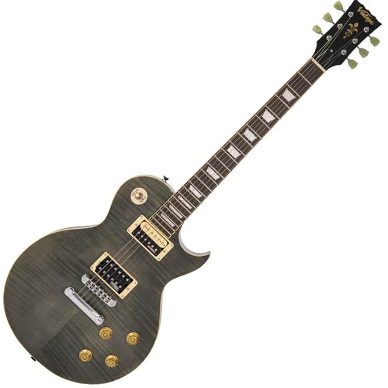 Vintage V100 ReIssued Electric Guitar V100TBK - Flamed Thru Black image 1