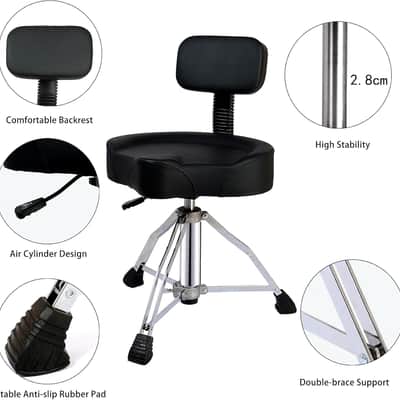 Drum Throne with Backrest Padded Hydraulic Drum Chair Height Adjustable Drum Stool with Stable Bass Comfortable Memory Foam Saddle Drum seat for Adult Drummers Guitar Players, Black image 3