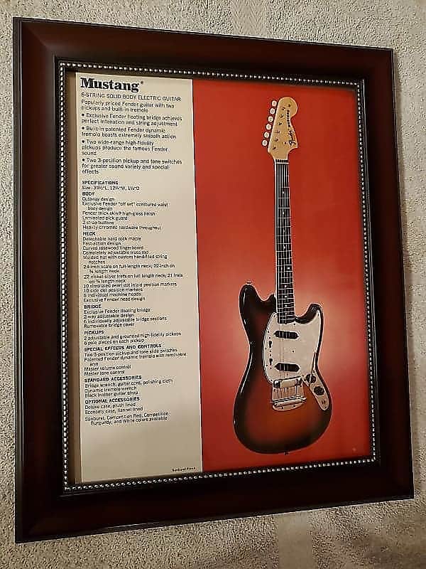 1972 Fender Guitars Promotional Ad Framed Fender Mustang Electric Guitar Original image 1