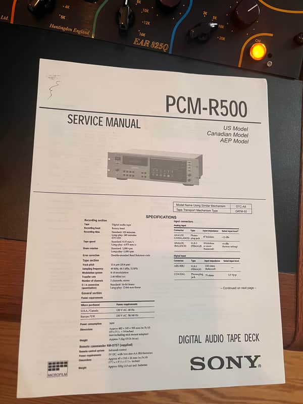 Service Manual for Sony PCM-R500 DAT image 1