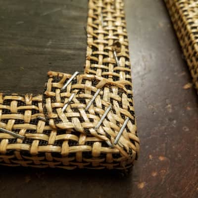 Aeolian vintage pair (2) 16" x 20" woven speaker grille cloth and baffle plywood 1960s - black and tan image 5