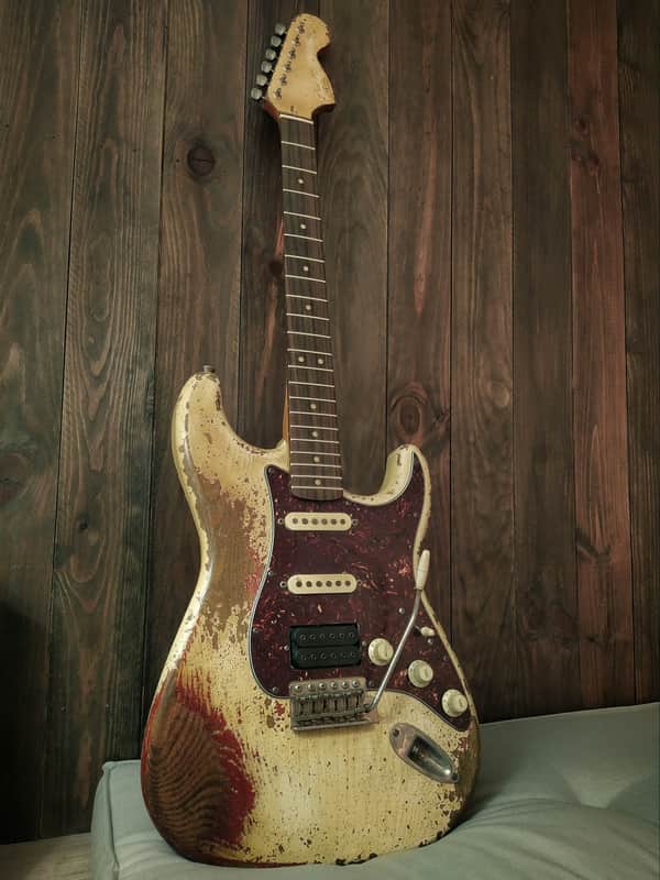 #202603 :: Baldman's Stratocaster set in Dirty Relic Olympic White over Metallic Wine Red : Vintage Aged image 1