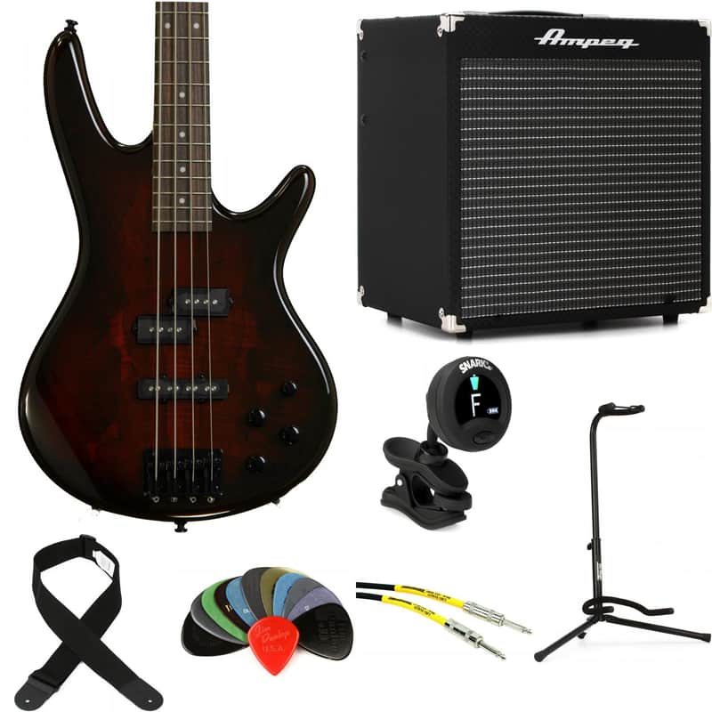 Ibanez Gio GSR200SMCNB Bass Guitar and Ampeg Rocket Amp Essentials Bundle - Charcoal Brown Burst image 1