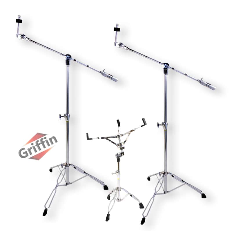 Cymbal Stand with Boom Arm & Snare Drum Stand Kit (3x Stands) by GRIFFIN | Chrome Percussion Hardware Set with Double-Braced Legs & Counterweight Adapter for Mounting Crash, Ride & Splash Cymbals image 1