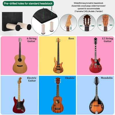 Guitar Wall Hanger,2 Pack Guitar Wall Mount Holder Guitar Hanger Shelf with Pick Holder Wood Guitar Rack for Acoustic or Electric Guitar,Ukulele,Bass,Mandolin Black image 6
