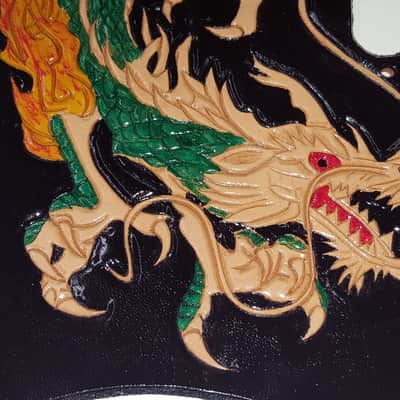 Leather pickguard Fender Telecaster handtooled dragon in color "Dragon's Breath" image 3