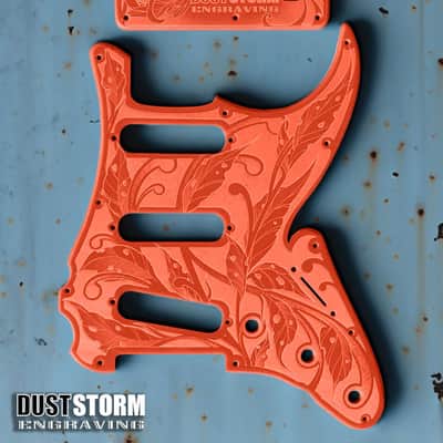 Engraved Glossy Orange Acrylic Pickguard & Tremolo Cover for Fender Stratocaster HSH, HSS, SSS Setups Available image 1