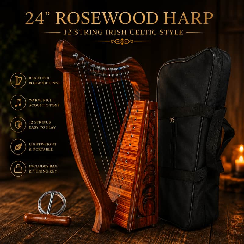 24” Rosewood Celtic Harp 12 String Irish Folk Harp w/ Gig Bag & Tuning Key image 1