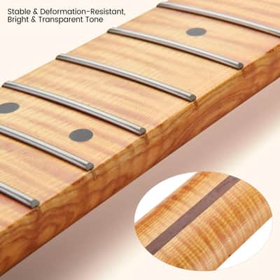 Electric Guitar Neck, 12"-16" Compound Radius, One-Piece Flame Canadian Hard Maple, 22 Stainless Steel Frets (2.4x1.4mm), Oiled Bone Nut 42mm, Matte Finish image 6