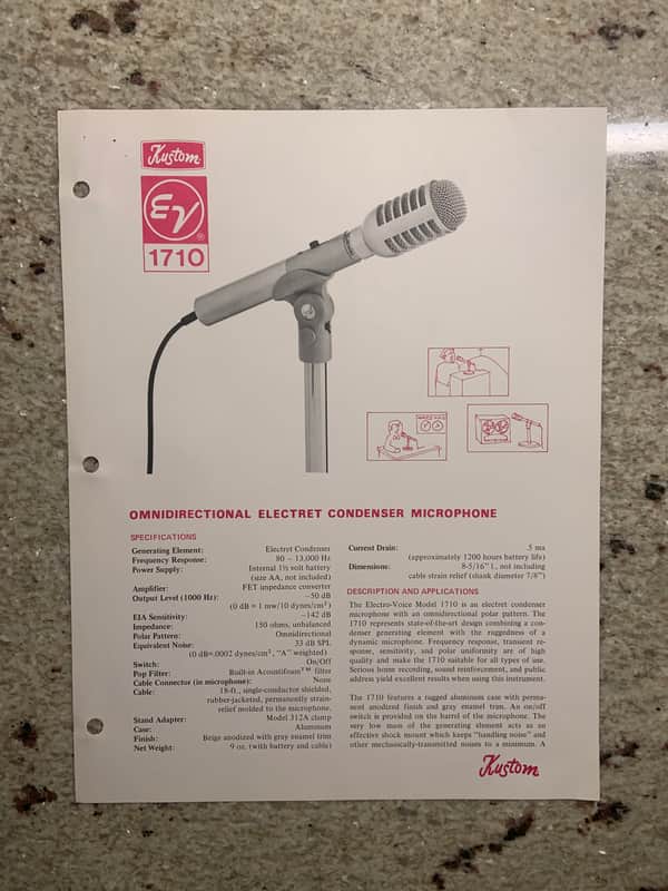 Vintage 1970s Kustom Electro Voice 1710 Omnidirectional Electret Condenser Microphone Spec Sheet! image 1