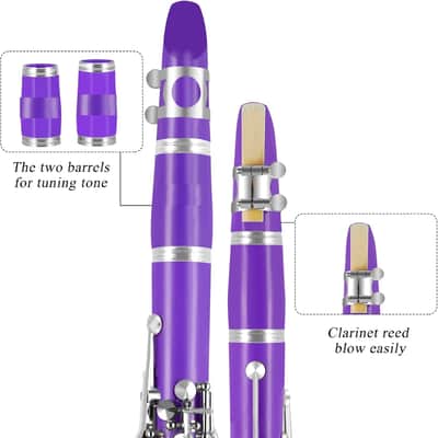 Bb Clarinet For Beginners Students B Flat Clarinet 17 Keys Clarinet with Case Stand Strap 2 Barrels 8 Mouthpiece Cushion White Gloves Cleaning Kit(Purple) image 2