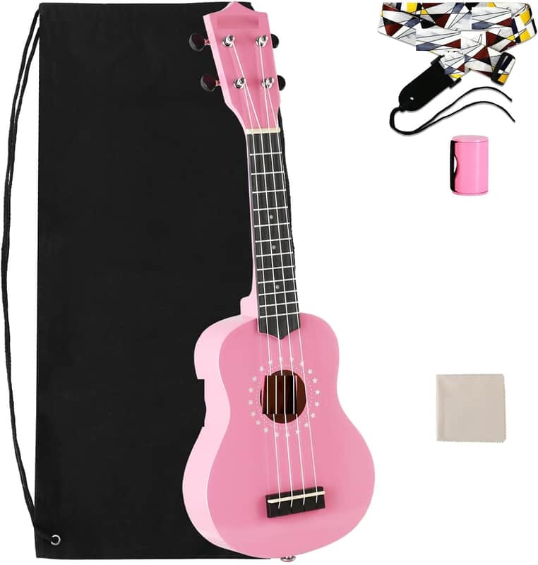 Soprano Ukulele for Beginner Kids with Gig Bag 21 Inch Uke for Starter Hawaiian Soprano Ukelele Polishing Adults Basswood 21 Inch uke bundle with Strap Picks Songbook Cleaning Cloth (Pink) image 1